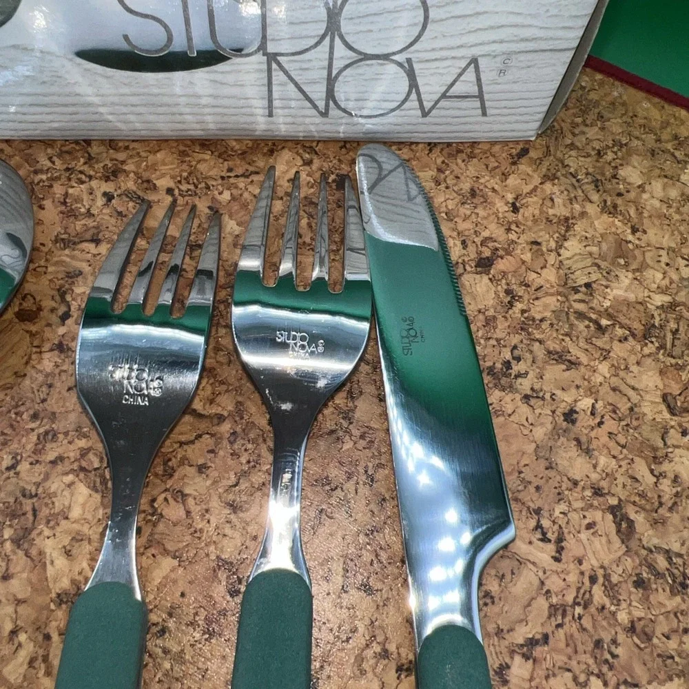 Vintage Studio Nova Flatware Silverware Forest Green Handles‎ 5 Pieces For one